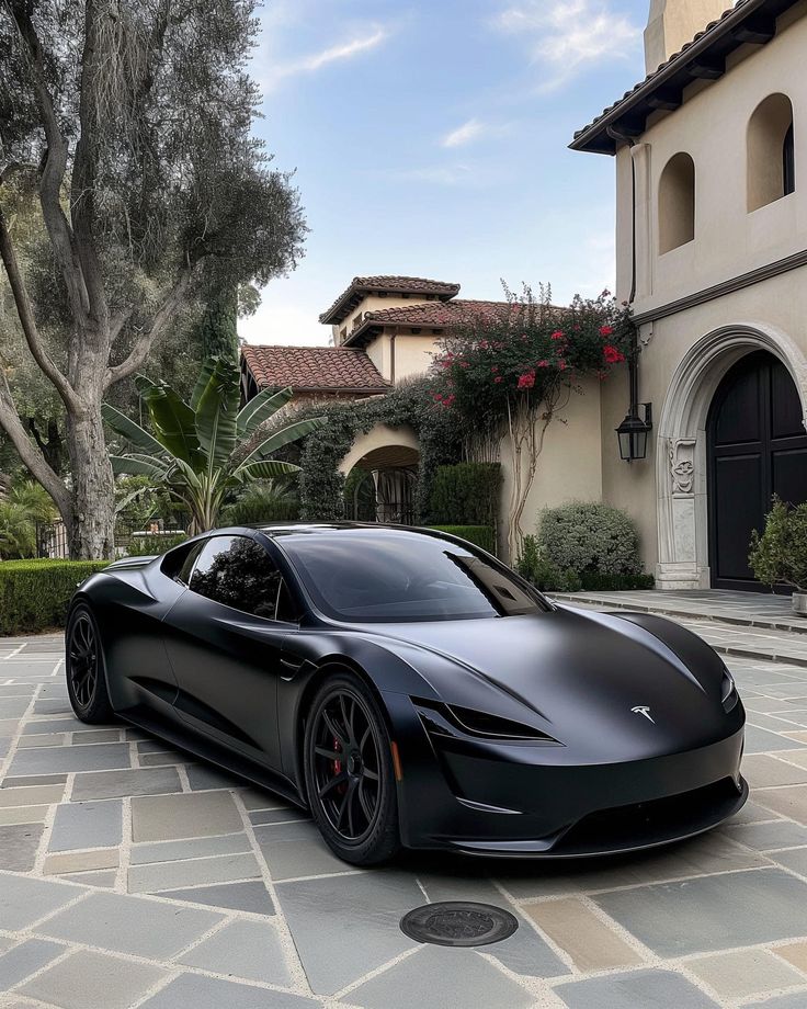 Sleek black electric sports car parked in front of a luxury mansion, surrounded by greenery and clear skies.