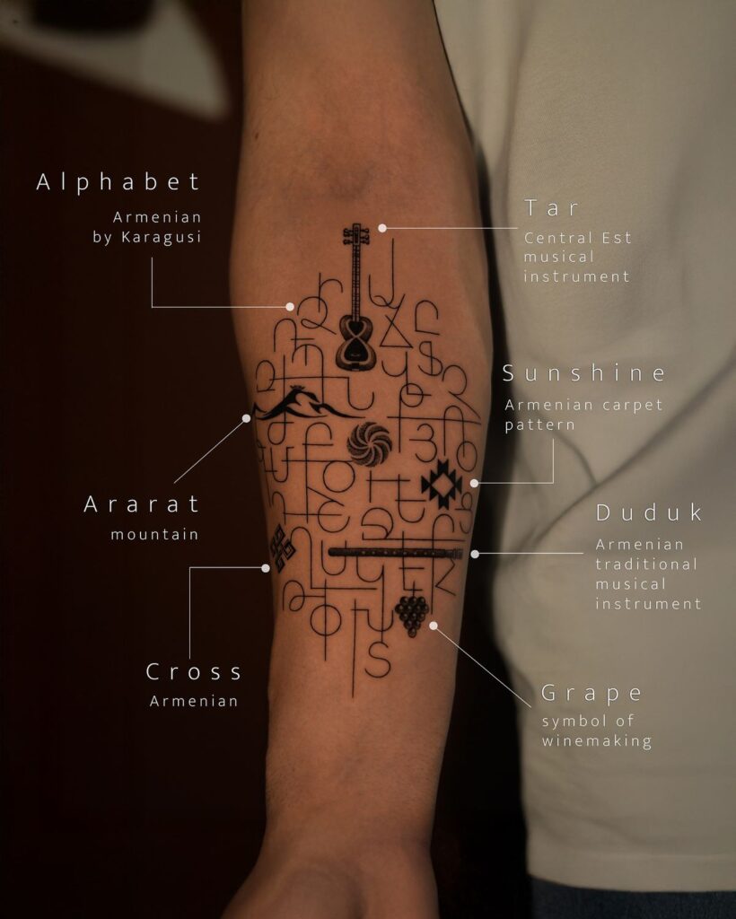 Arm tattoo featuring Armenian alphabet, musical instruments, and cultural symbols like Ararat, cross, and grape.