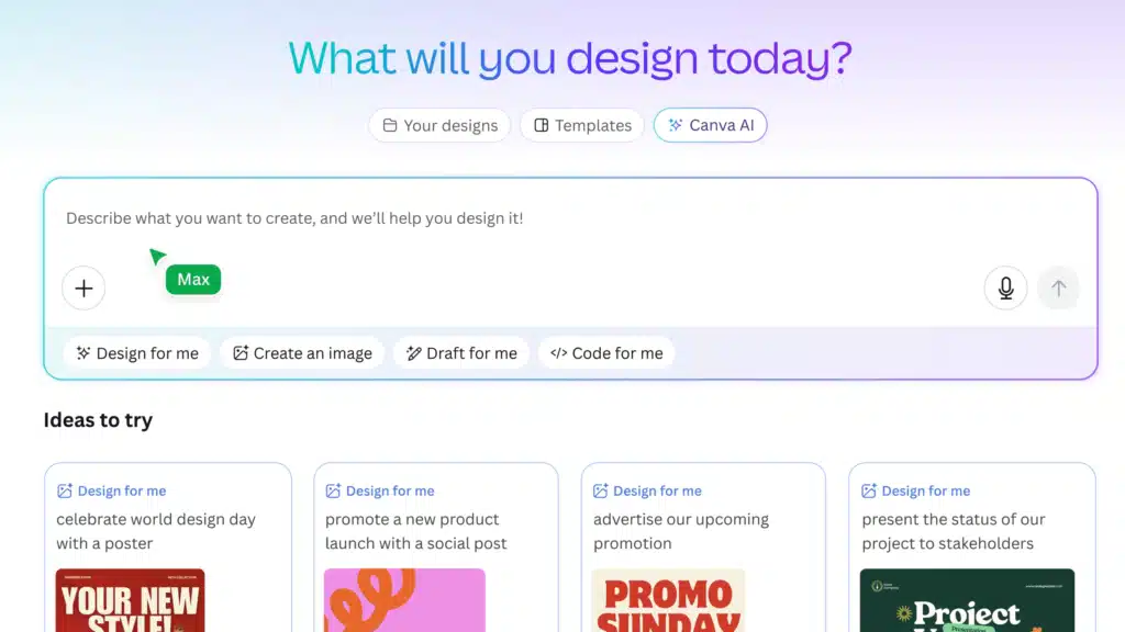 Canva AI design interface with options for creating custom graphics and templates.