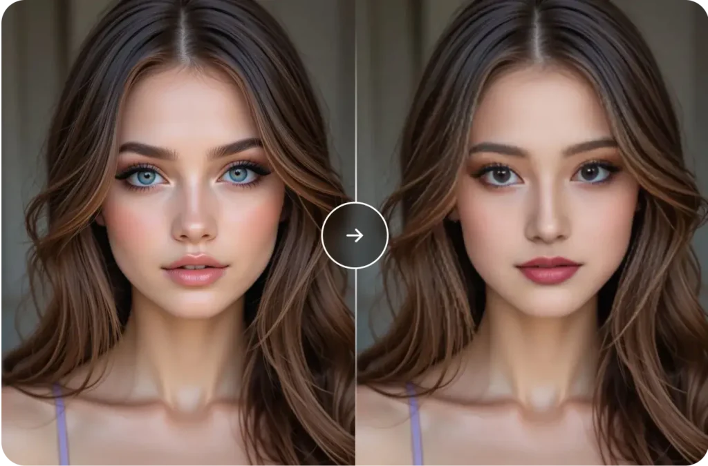Side-by-side comparison of a woman's face with different makeup styles, highlighting eye and lip variations.