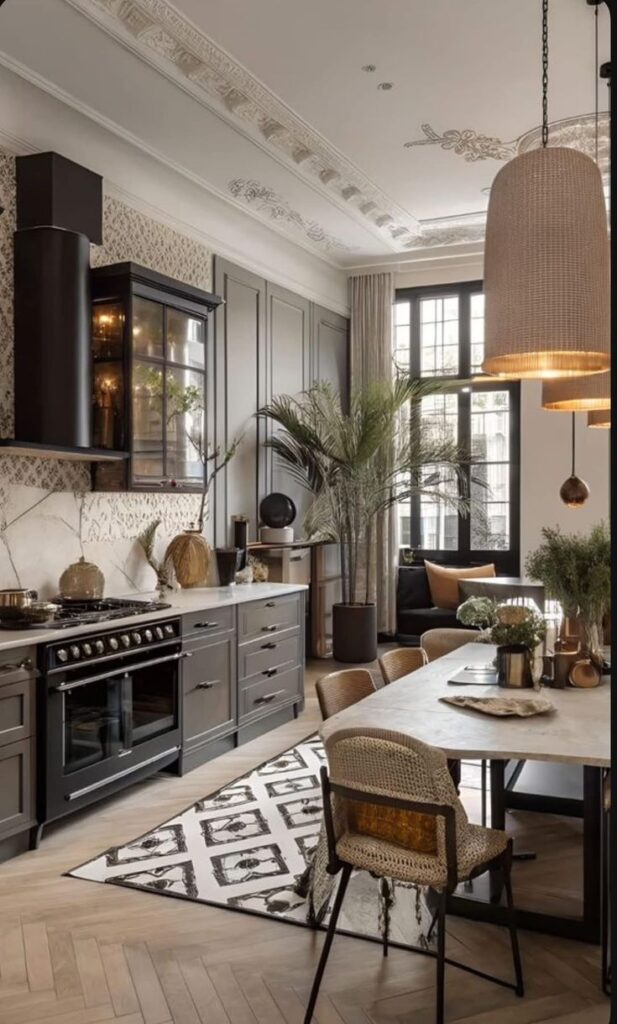 Elegant kitchen with gray cabinets, marble countertop, large windows, and cozy dining area with plants and pendant lights.