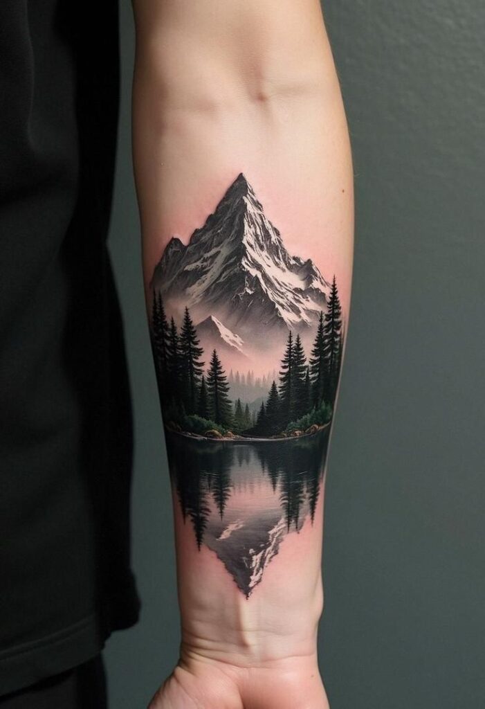 Mountain landscape tattoo on forearm, featuring peaks, pine trees, and lake reflection.