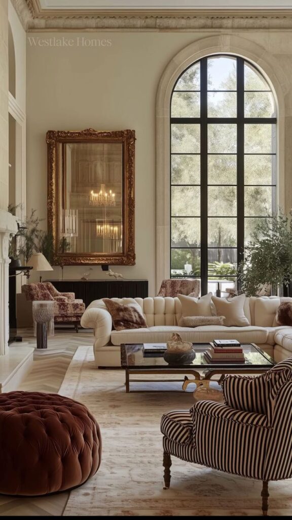 Elegant living room with large mirror, arched window, plush sofas, striped chair, and cozy decor pieces.