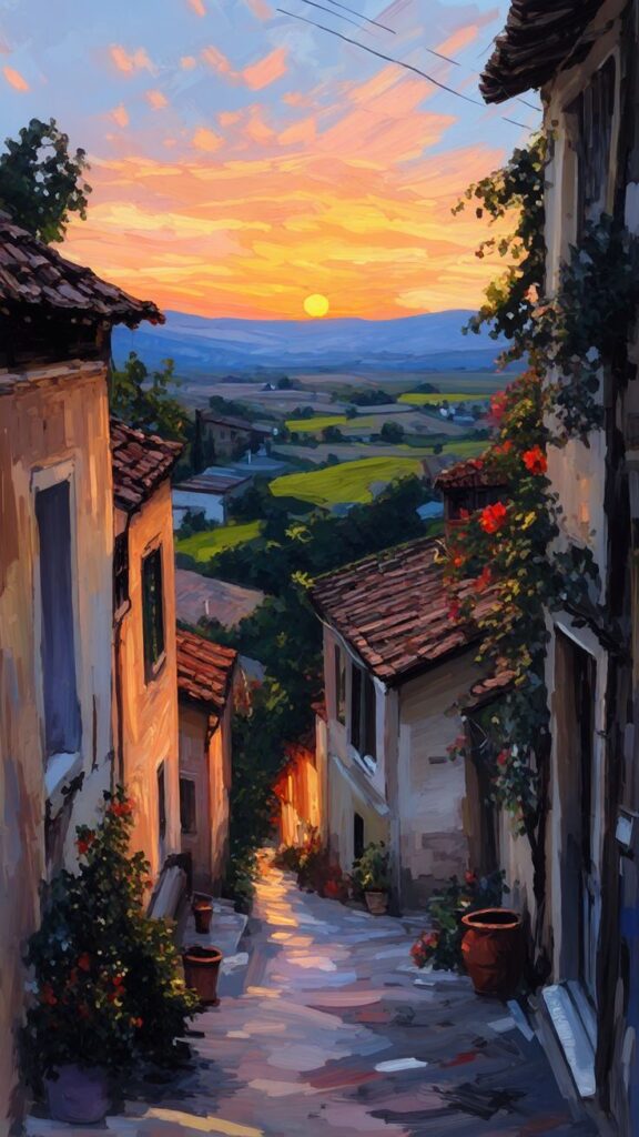 Charming village street at sunset, with rustic houses and vibrant landscape views, evoking serenity and warmth.