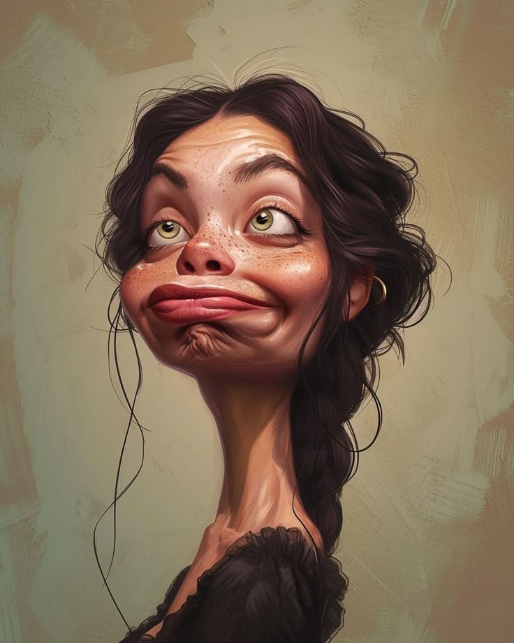 Caricature of a person with exaggerated facial features, big eyes, and playful expression on a textured background.