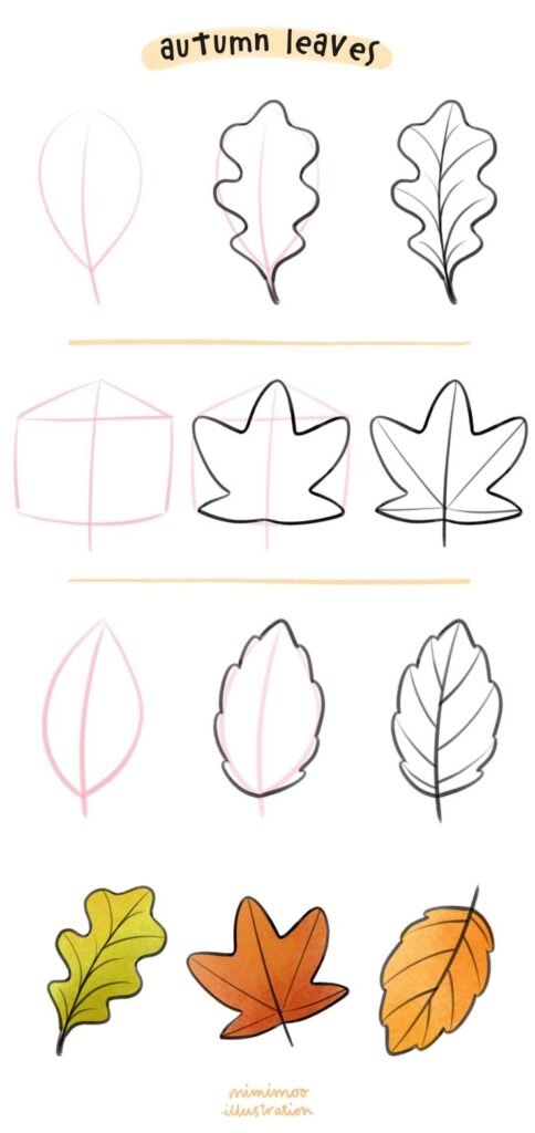 Step-by-step guide to drawing colorful autumn leaves with simple outlines and shading techniques.