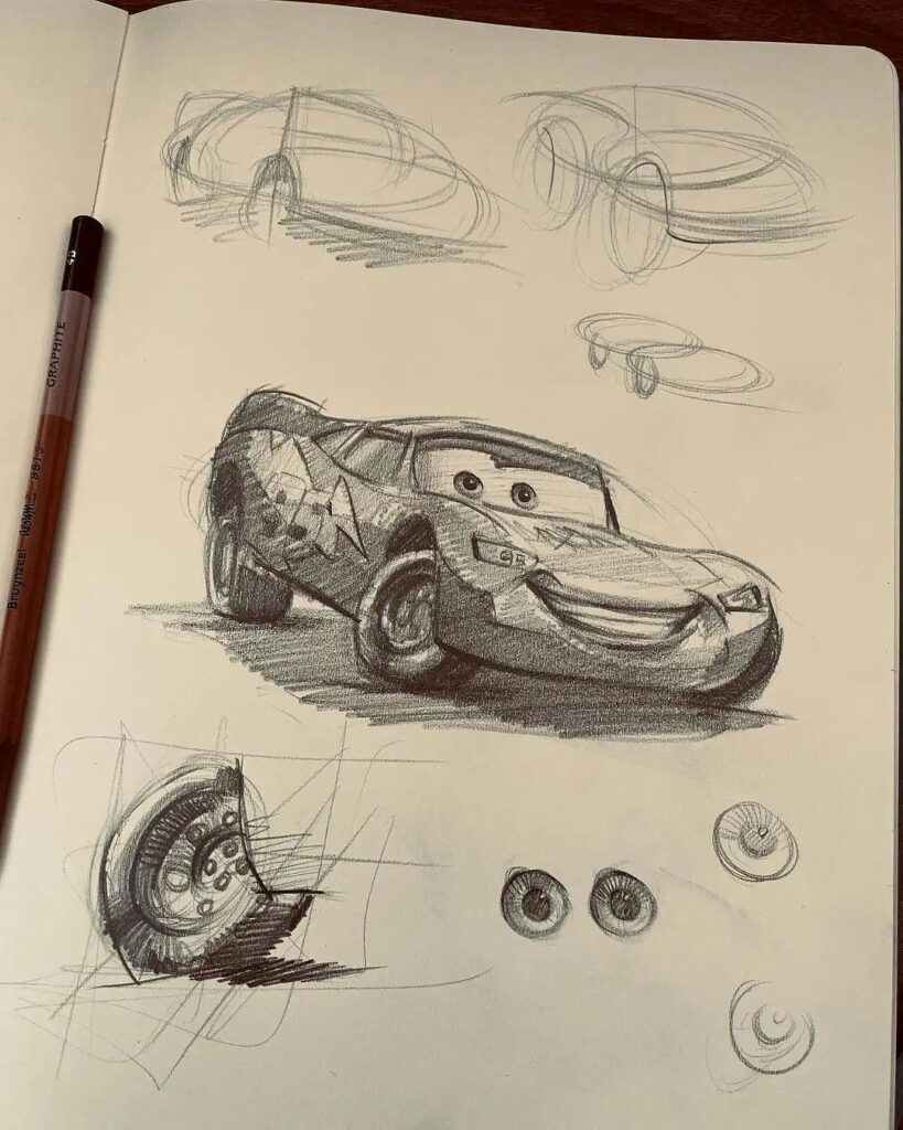 cf00aa499f826240e97731c9dcdea577 Pencil sketches of a cartoon race car in various stages of design on a notebook page, with a pencil beside it. | Sky Rye Design Pencil sketches of a cartoon race car in various stages of design on a notebook page, with a pencil beside it.