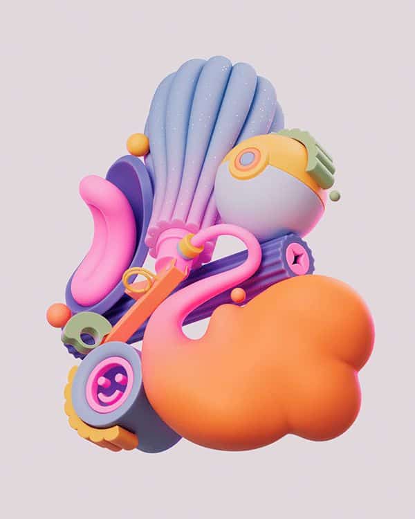 Colorful abstract 3D shapes in pastel hues forming a whimsical, playful composition on a light background.