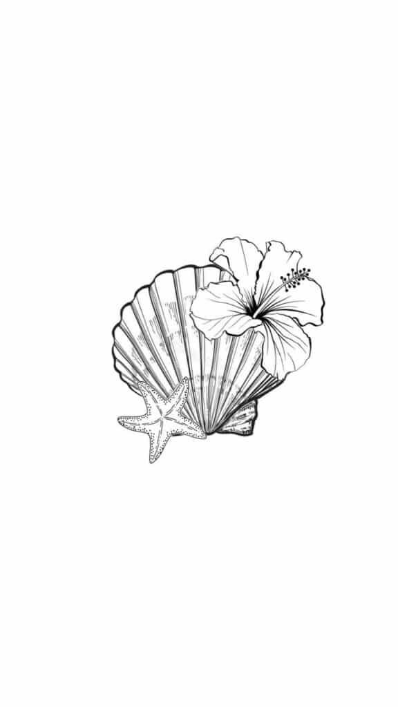 Illustration of a seashell with a hibiscus flower and starfish, perfect for coastal or beach-themed designs.