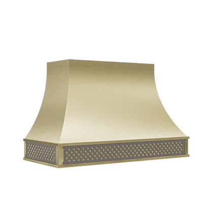 Gold kitchen range hood with decorative lattice design, modern and elegant for luxury home interiors.