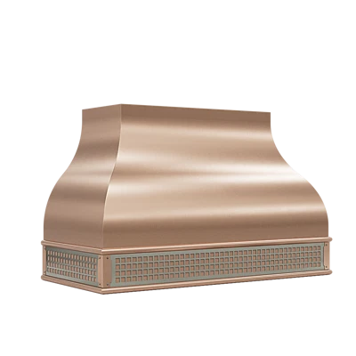 Elegant bronze range hood with unique curved design and decorative grill, ideal for modern kitchen aesthetics.