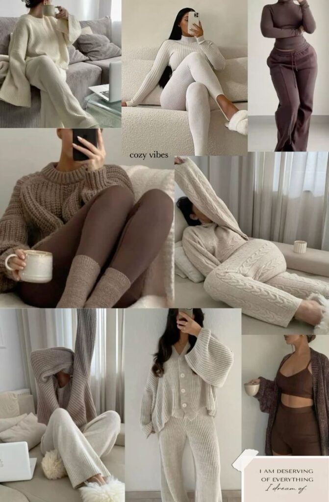 cozy at home neutral outfit Inspo Collage of women in cozy, neutral-toned loungewear, showcasing comfortable and stylish home outfits. | Sky Rye Design Collage of women in cozy, neutral-toned loungewear, showcasing comfortable and stylish home outfits.