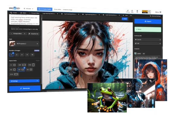 Digital AI art interface showcasing colorful anime portrait, vibrant frog, and futuristic robot imagery.