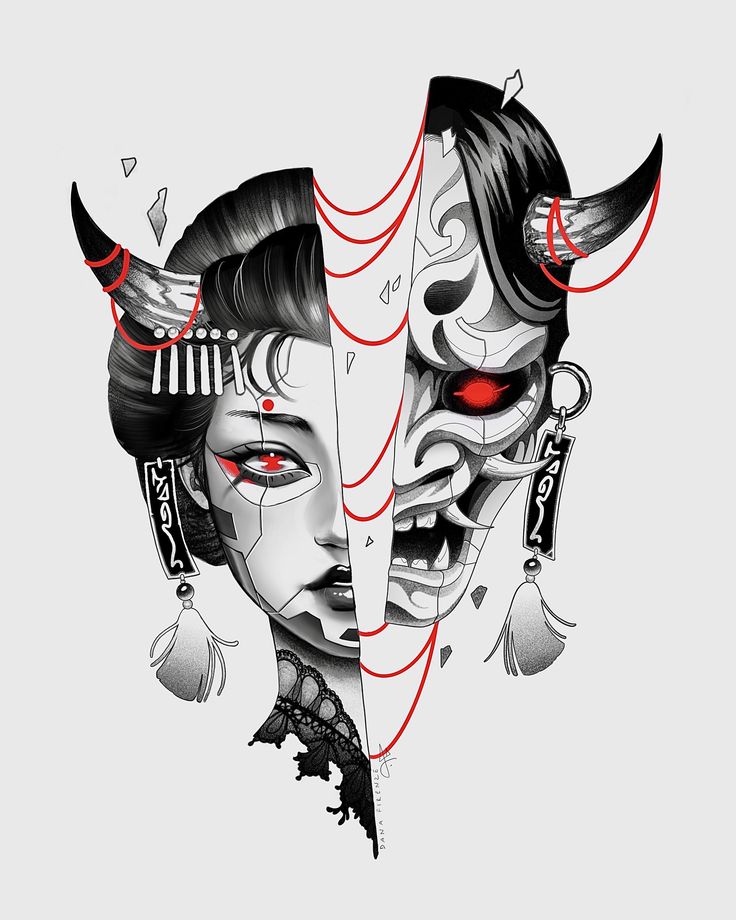Split face: elegant geisha and fierce oni demon, intertwined with red strings and intricate details, grayscale artwork.