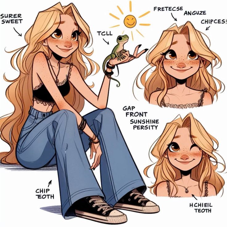 Illustration of a smiling girl with long hair, sitting with a small lizard, wearing jeans and sneakers, surrounded by text.