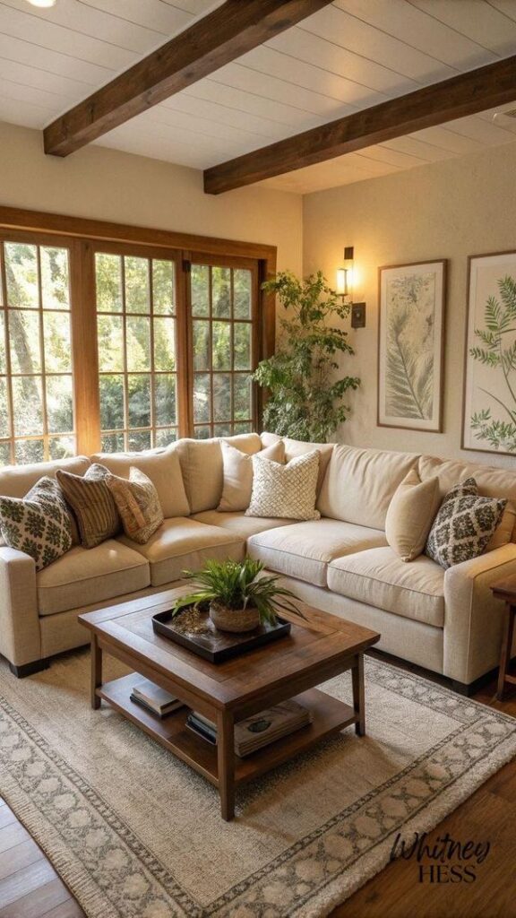 Cozy living room with beige sectional sofa, wooden coffee table, large windows, and green plant decor.