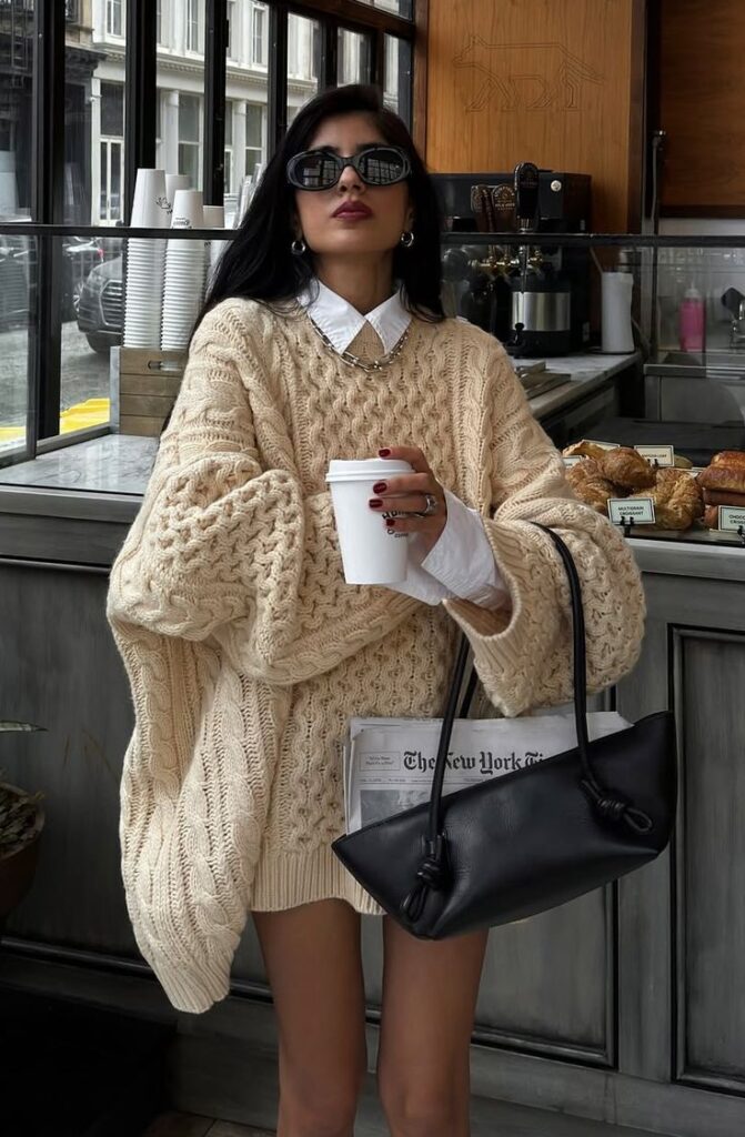 Fashionable woman in oversized knit sweater holding coffee at a cafe, with black handbag and newspaper.