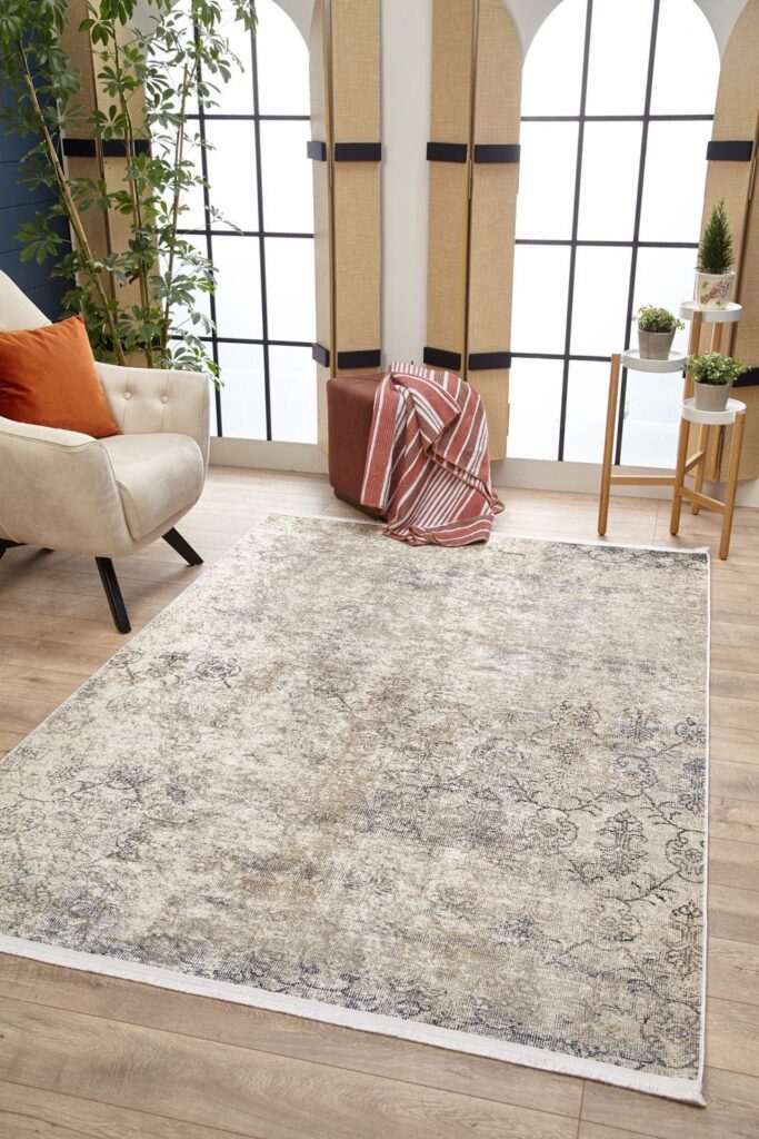 Modern living room with patterned rug, beige chair, and plants near window for a cozy touch.