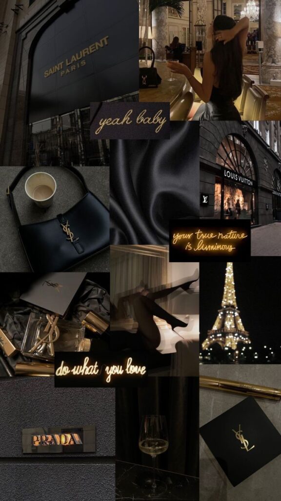 Luxury fashion collage with Saint Laurent, Louis Vuitton, Prada elements, and an elegant ambiance.