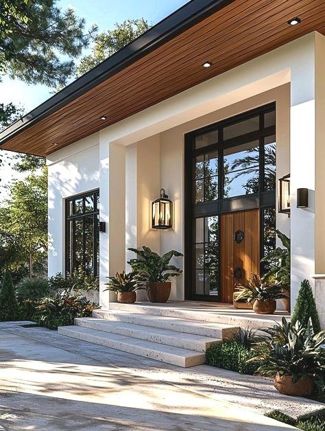 Modern house entrance with wooden door, large windows, and potted plants on steps, showcasing stylish architectural design.