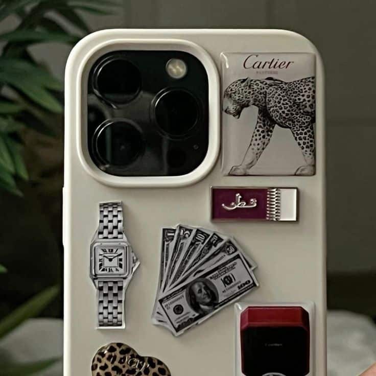 Luxury-themed phone case with watch, currency, and leopard design stickers.