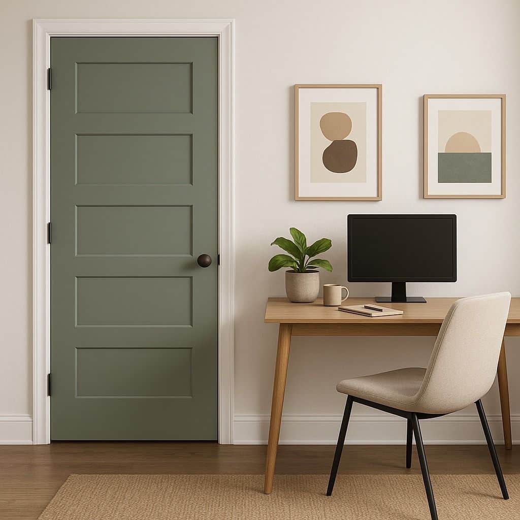 A modern home office with a green door, wooden desk, computer, plant, and minimalist wall art.
