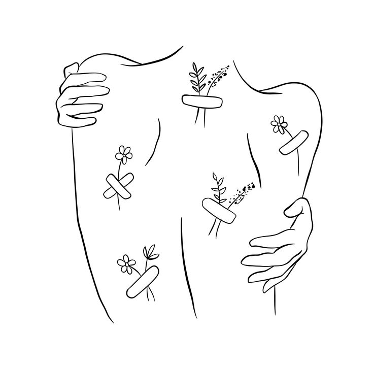 Line art of a human back with flowers growing from bandages, held by two hands. Healing through nature concept.