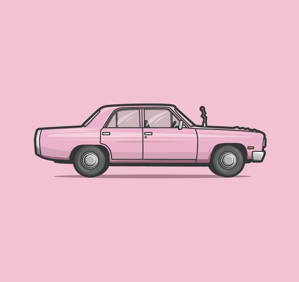 Illustration of a classic pink car on a pink background, showcasing retro automotive design and style.