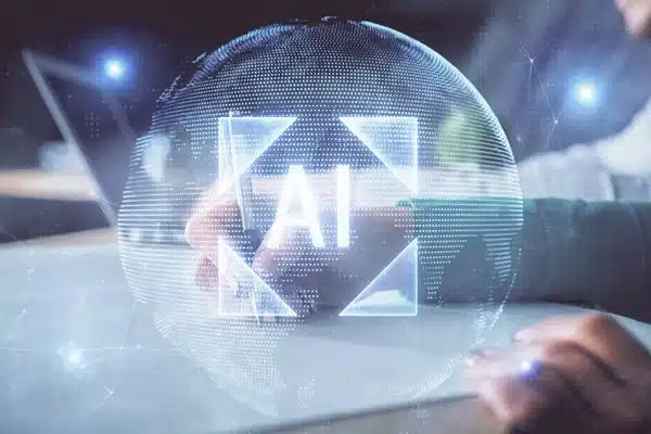 Person interacting with a digital AI interface on a transparent globe, symbolizing artificial intelligence technology.