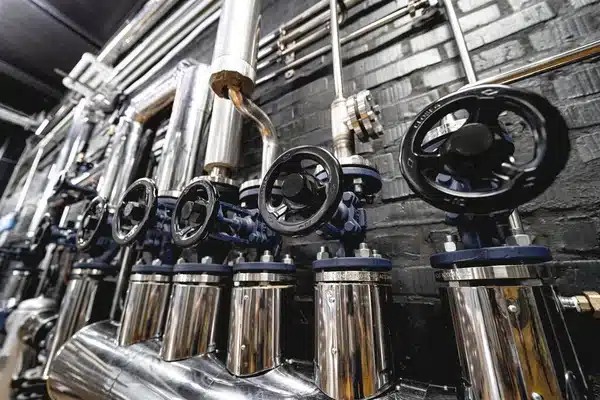 Industrial pipes and valves in a factory setting, showcasing modern machinery and engineering.