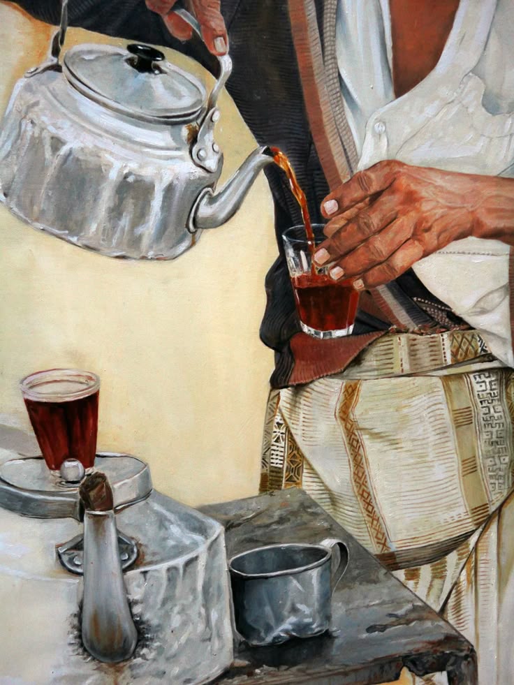 Man pouring traditional tea from a kettle into a glass, alongside a cup and a stove, depicting a cultural ritual.