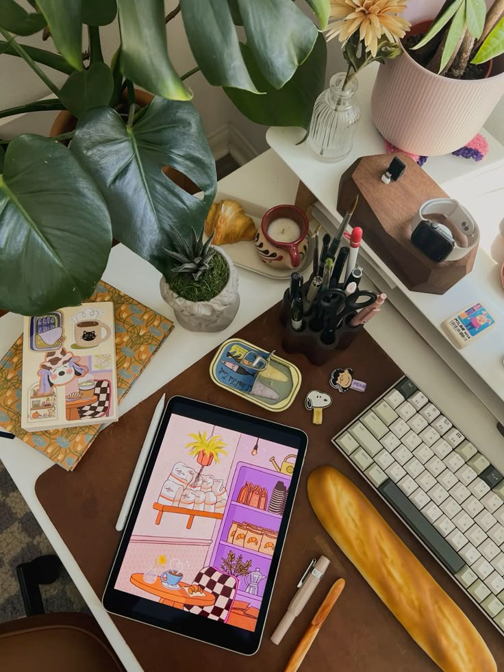 Cozy workspace with tablet art, plants, keyboard, and stationery on a desk, creating a vibrant and creative environment.