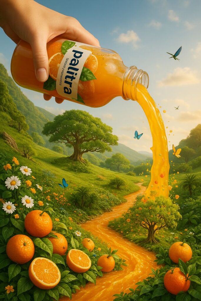 Hand pouring orange juice from a bottle into a lush, vibrant landscape with oranges and butterflies.