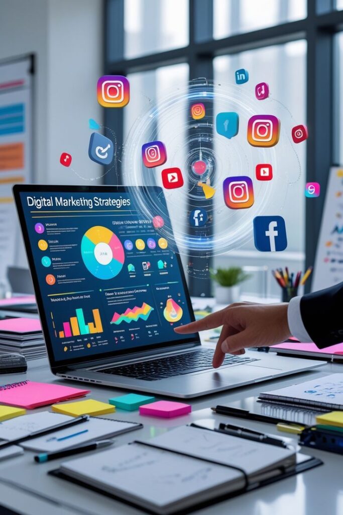 Laptop displaying digital marketing strategies with social media icons floating around in an office setting.