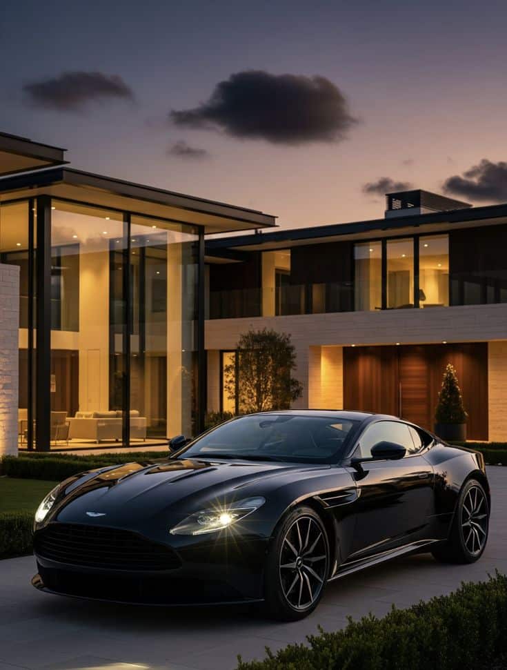 Screenshot Luxury black sports car parked in front of a modern house at sunset, with warm interior lights glowing through glass windows. | Sky Rye Design Luxury black sports car parked in front of a modern house at sunset, with warm interior lights glowing through glass windows.