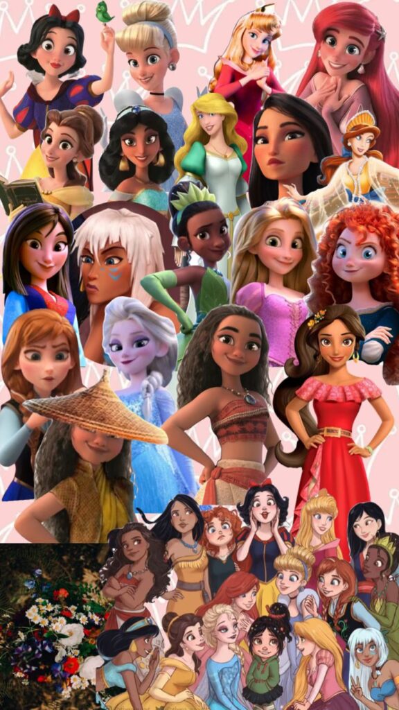 Colorful collage of animated princesses in vibrant outfits on a light pink background with crown doodles.