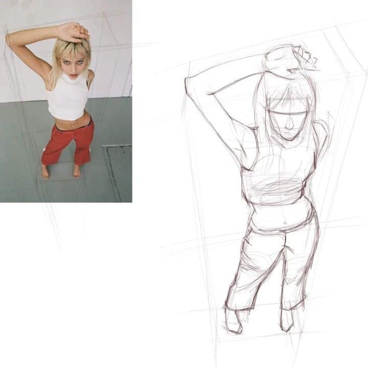 Artistic sketching study: woman in red pants and white top posing with arm raised, showcasing perspective drawing.
