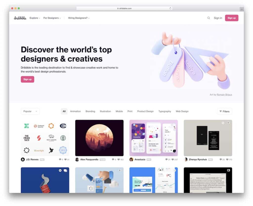 Dribbble homepage showcasing top designers and creative projects with an invitation to sign up for more.