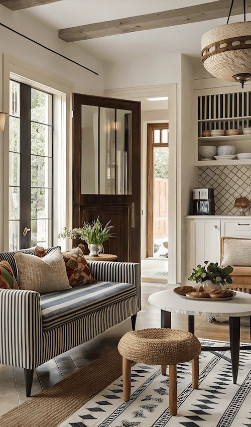 Modern living room with striped sofa, natural wood accents, and cozy decor. Bright and airy interior design.
