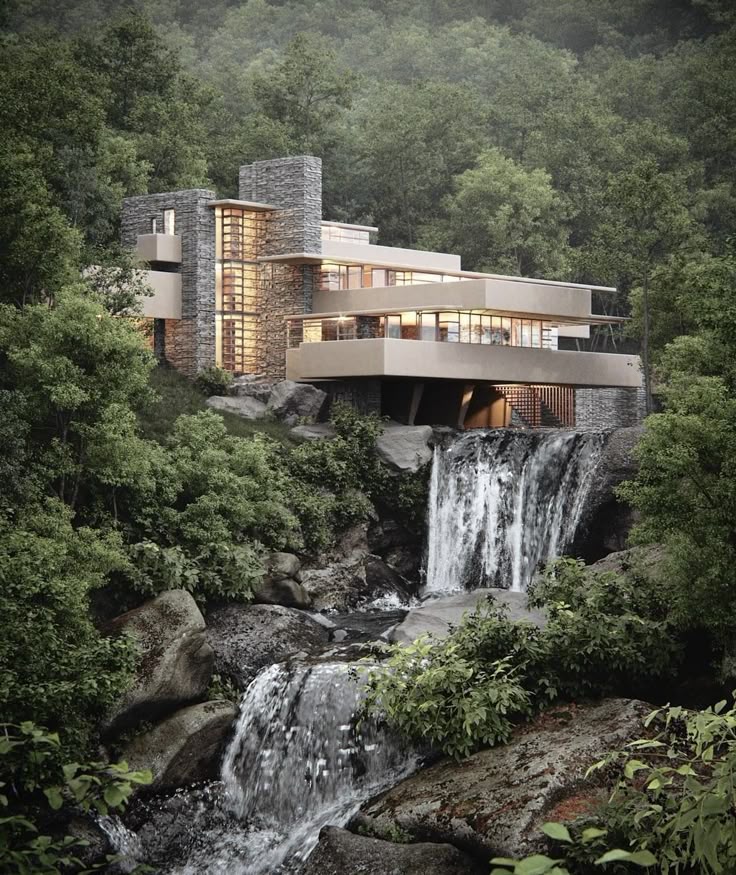 Modern house with glass facade and stone elements, set by a waterfall in a lush forest landscape.