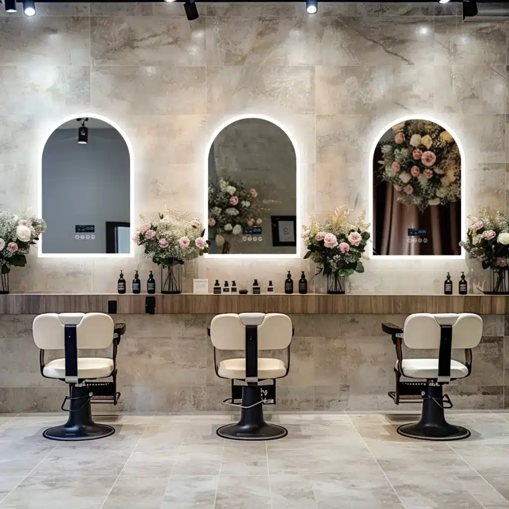 e1f5a9aa-e055-4cf4-b004-ed8f25ff00a8_19cce2ff-3a4e-4673-a544-1add00108830 Chic beauty salon with modern chairs, illuminated mirrors, and floral decor, creating a stylish and inviting atmosphere. | Sky Rye Design Chic beauty salon with modern chairs, illuminated mirrors, and floral decor, creating a stylish and inviting atmosphere.