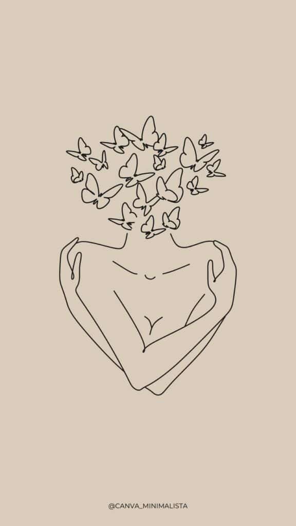 Minimalist line art of a figure with butterflies as the head, symbolizing freedom and transformation.