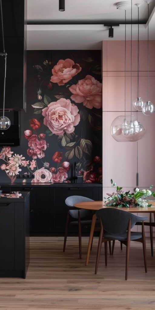 Modern kitchen with pink floral mural, wooden dining table, and pendant lighting for a stylish, elegant interior.