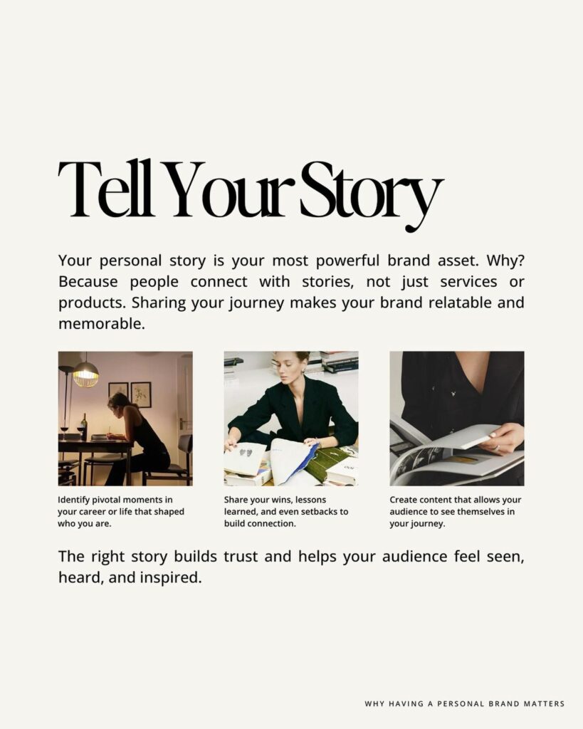 Text emphasizes storytelling in personal branding with images of individuals journaling, reflecting, and sharing insights.