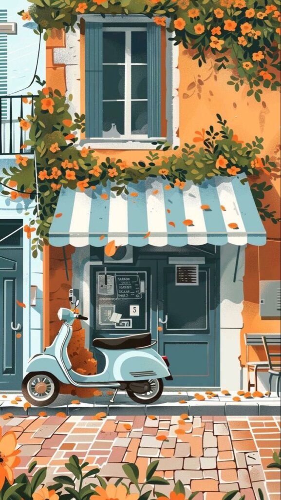 Vintage scooter parked outside a charming café with orange flowers and blue accents under a striped awning.