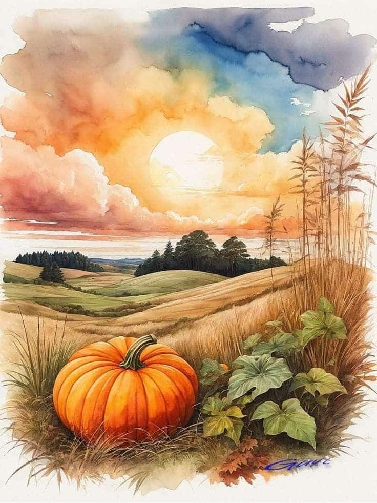 Autumn landscape watercolor with pumpkin, fields, and vibrant sunset sky.