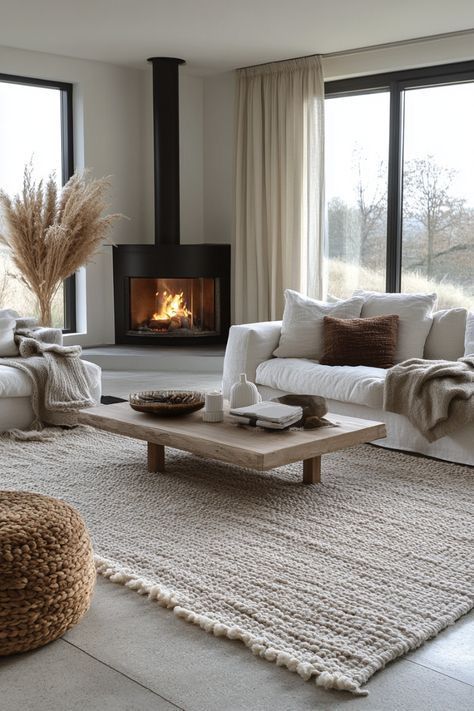 Cozy modern living room with fireplace, beige decor, and large windows. Minimalist design with warm, inviting ambiance.