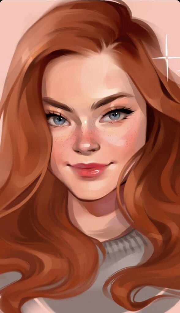 Illustration of a woman with long red hair, blue eyes, and freckles, smiling softly against a soft pink background.