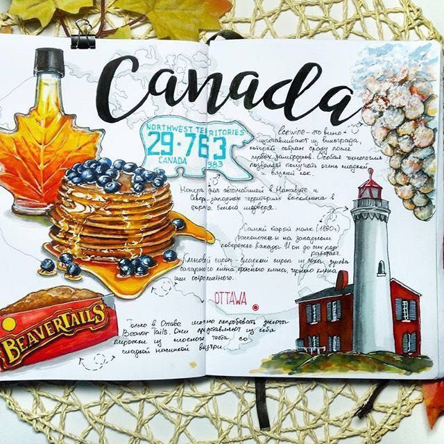 Canada scrapbook page with maple syrup, pancakes, lighthouse, grapes, BeaverTails, and Northwest Territories license plate.