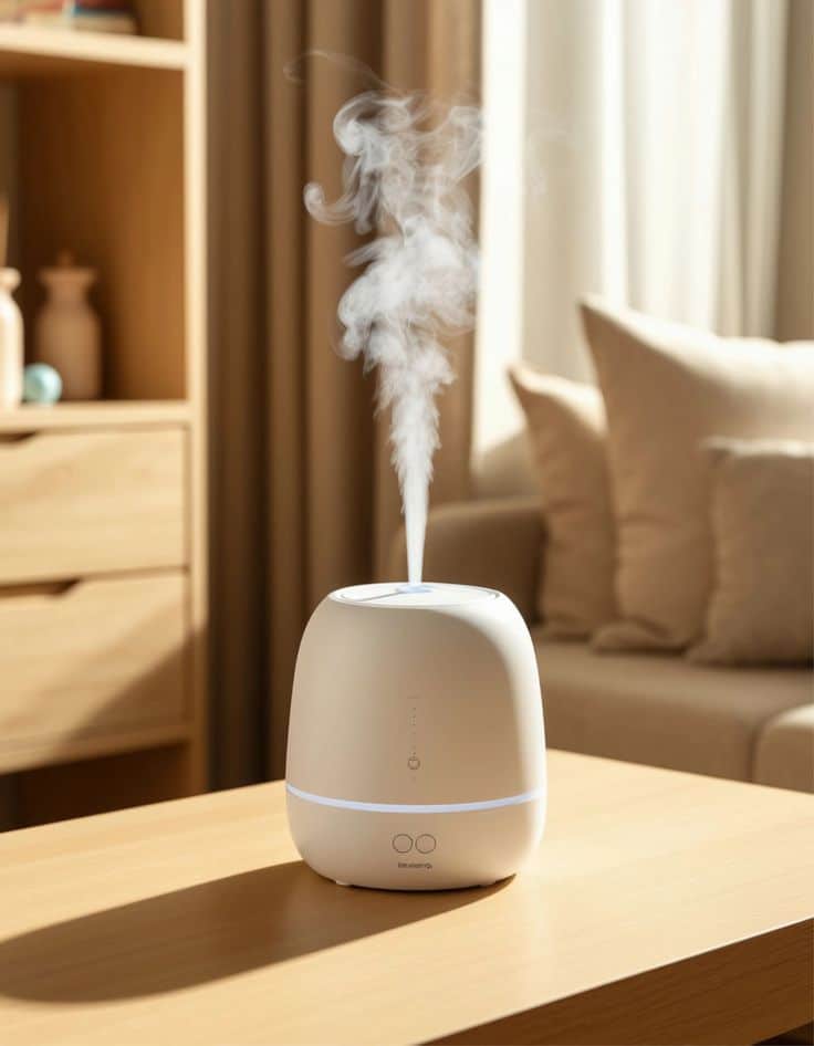 A sleek white humidifier emitting vapor on a wooden table adds elegance to a cozy living room setting.